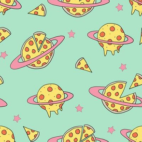 pizza planet fabric - pizza planet, pizza fabric, planet fabric, space fabric, cute kids fabric, novelty fabric - andrea lauren - mint