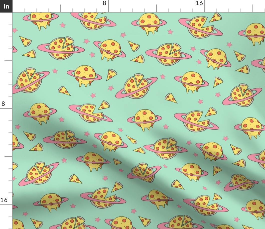 pizza planet fabric - pizza planet, pizza fabric, planet fabric, space fabric, cute kids fabric, novelty fabric - andrea lauren - mint