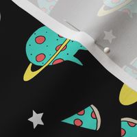 pizza planet fabric - pizza planet, pizza fabric, planet fabric, space fabric, cute kids fabric, novelty fabric - andrea lauren - black