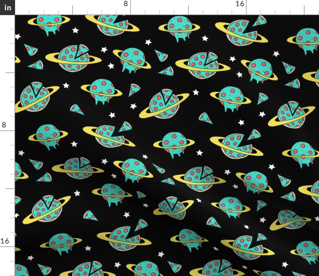 pizza planet fabric - pizza planet, pizza fabric, planet fabric, space fabric, cute kids fabric, novelty fabric - andrea lauren - black