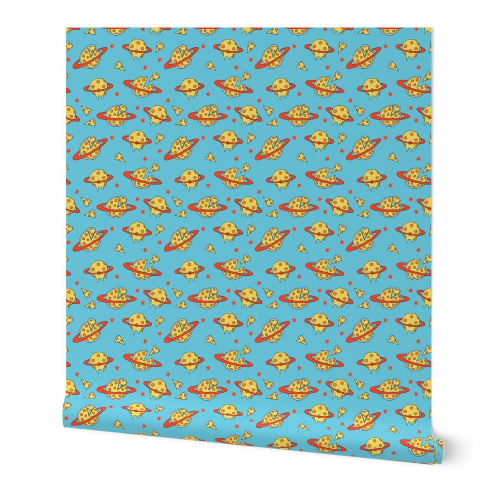 pizza planet fabric - pizza planet, pizza fabric, planet fabric, space fabric, cute kids fabric, novelty fabric - andrea lauren - blue