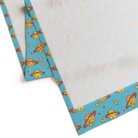 pizza planet fabric - pizza planet, pizza fabric, planet fabric, space fabric, cute kids fabric, novelty fabric - andrea lauren - blue