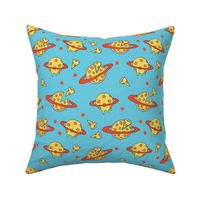 pizza planet fabric - pizza planet, pizza fabric, planet fabric, space fabric, cute kids fabric, novelty fabric - andrea lauren - blue