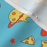 pizza planet fabric - pizza planet, pizza fabric, planet fabric, space fabric, cute kids fabric, novelty fabric - andrea lauren - blue