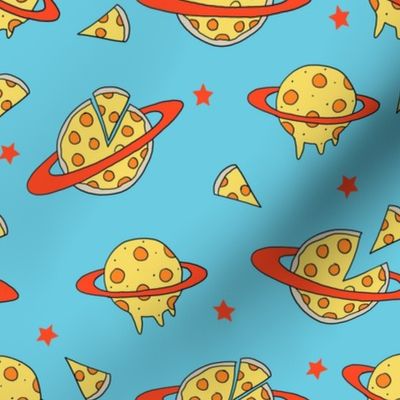 pizza planet fabric - pizza planet, pizza fabric, planet fabric, space fabric, cute kids fabric, novelty fabric - andrea lauren - blue