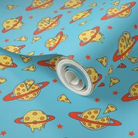 pizza planet fabric - pizza planet, pizza fabric, planet fabric, space fabric, cute kids fabric, novelty fabric - andrea lauren - blue