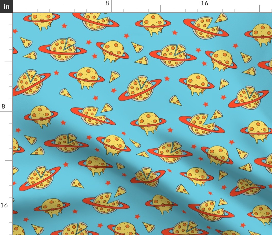 pizza planet fabric - pizza planet, pizza fabric, planet fabric, space fabric, cute kids fabric, novelty fabric - andrea lauren - blue