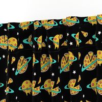 pizza planet fabric - pizza planet, pizza fabric, planet fabric, space fabric, cute kids fabric, novelty fabric - andrea lauren - black