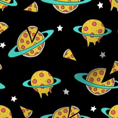 pizza planet fabric - pizza planet, pizza fabric, planet fabric, space fabric, cute kids fabric, novelty fabric - andrea lauren - black