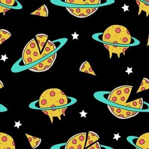 pizza planet fabric - pizza planet, pizza fabric, planet fabric, space fabric, cute kids fabric, novelty fabric - andrea lauren - black