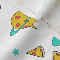 pizza planet fabric - pizza planet, pizza fabric, planet fabric, space fabric, cute kids fabric, novelty fabric - andrea lauren - white and turquoise