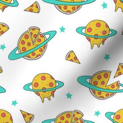 pizza planet fabric - pizza planet, pizza fabric, planet fabric, space fabric, cute kids fabric, novelty fabric - andrea lauren - white and turquoise