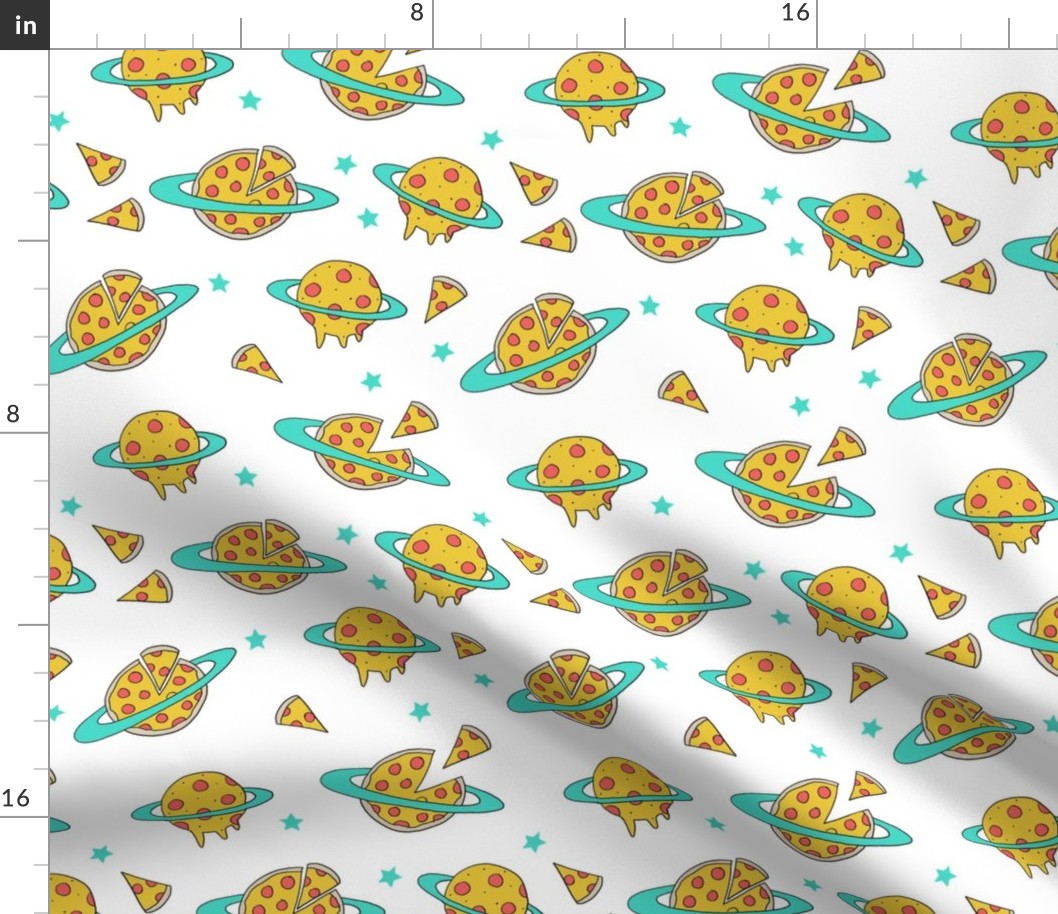 pizza planet fabric - pizza planet, pizza fabric, planet fabric, space fabric, cute kids fabric, novelty fabric - andrea lauren - white and turquoise