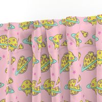 pizza planet fabric - pizza planet, pizza fabric, planet fabric, space fabric, cute kids fabric, novelty fabric - andrea lauren -  pastel pink