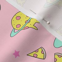 pizza planet fabric - pizza planet, pizza fabric, planet fabric, space fabric, cute kids fabric, novelty fabric - andrea lauren -  pastel pink