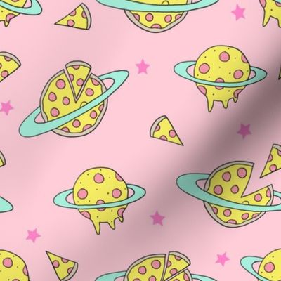 pizza planet fabric - pizza planet, pizza fabric, planet fabric, space fabric, cute kids fabric, novelty fabric - andrea lauren -  pastel pink