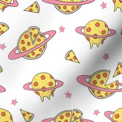 pizza planet fabric - pizza planet, pizza fabric, planet fabric, space fabric, cute kids fabric, novelty fabric - andrea lauren - white