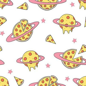 pizza planet fabric - pizza planet, pizza fabric, planet fabric, space fabric, cute kids fabric, novelty fabric - andrea lauren - white