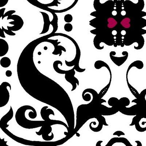  Damask with pink hearts Black on White sideways