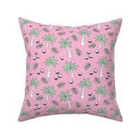 Tropical summer garden palm trees and coconuts surf beach theme pink mint