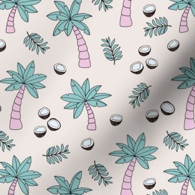 Tropical summer garden palm trees and coconuts surf beach theme pink mint soft girls