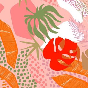 (L) Tropical Foliage Retro Boho Pink and Solar Orange