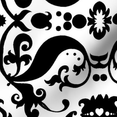  Damask with white hearts Black on White