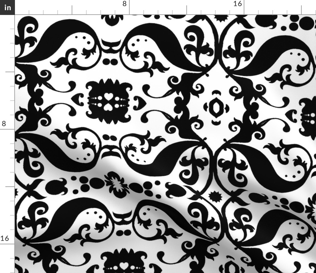  Damask with white hearts Black on White