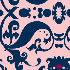  Damask with pink hearts blue on light pink