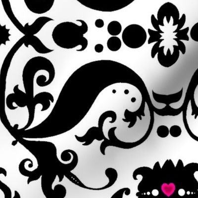  Damask with pinks hearts Black on White