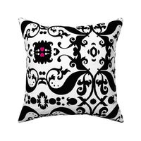  Damask with pinks hearts Black on White