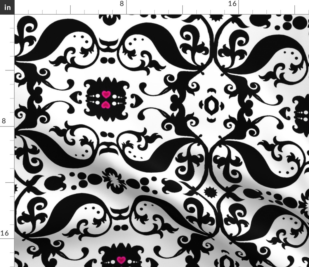  Damask with pinks hearts Black on White