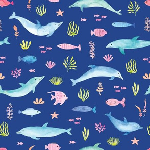 Watercolor Dolphins Swimming in a Sea of Fish