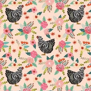 wyandotte chicken floral fabric - chicken fabric, floral fabric, farm fabric, farm animal fabric, farm animals  - blush