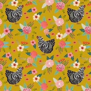 wyandotte chicken floral fabric - chicken fabric, floral fabric, farm fabric, farm animal fabric, farm animals  - mustard