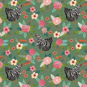 wyandotte chicken floral fabric - chicken fabric, floral fabric, farm fabric, farm animal fabric, farm animals  - green