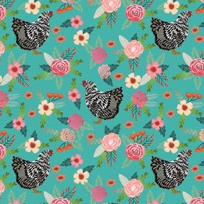 wyandotte chicken floral fabric - chicken fabric, floral fabric, farm fabric, farm animal fabric, farm animals  - teal