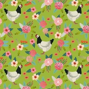 sussex chicken floral fabric - chicken fabric, chicken lady fabric, farm fabric, farm animals fabric -  lime