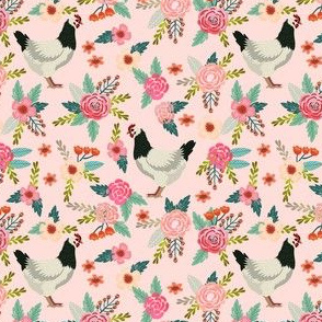 sussex chicken floral fabric - chicken fabric, chicken lady fabric, farm fabric, farm animals fabric -  pink