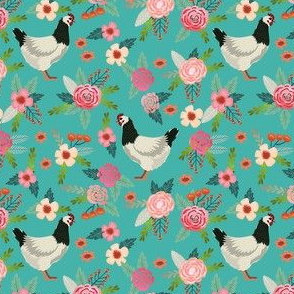 sussex chicken floral fabric - chicken fabric, chicken lady fabric, farm fabric, farm animals fabric - teal