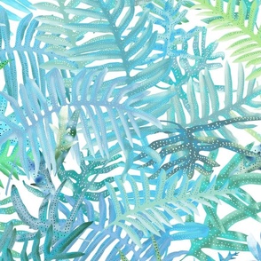 Maile Ferns Aqua Blue on White 150