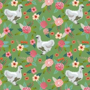 silkie chicken floral fabric - silkie chicken fabric, chicken fabric, farm animals fabric, birds fabric - green