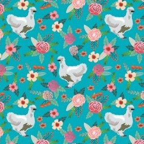 silkie chicken floral fabric - silkie chicken fabric, chicken fabric, farm animals fabric, birds fabric - teal