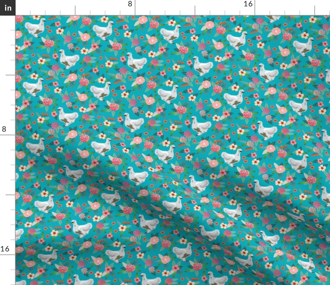 silkie chicken floral fabric - silkie chicken fabric, chicken fabric, farm animals fabric, birds fabric - teal