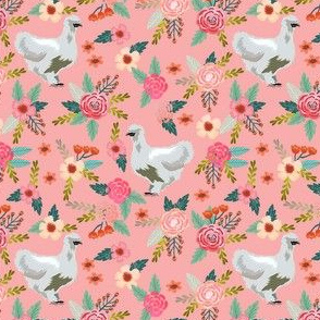 silkie chicken floral fabric - silkie chicken fabric, chicken fabric, farm animals fabric, birds fabric -  pink