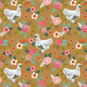 silkie chicken floral fabric - silkie chicken fabric, chicken fabric, farm animals fabric, birds fabric - brown