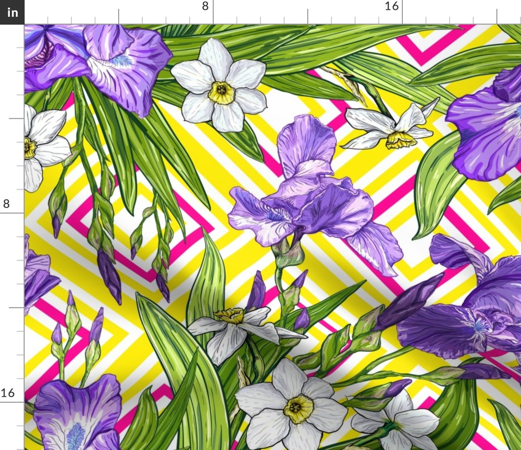 Pattern with Iris and Narcissus flowers