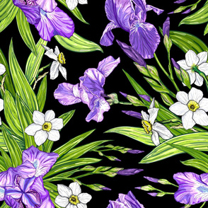 Pattern with Iris and Narcissus flowers