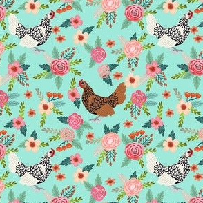 sebright chicken floral fabric - floral fabric, chicken fabric, chicken breeds, chicken breed fabric, silver laced sebright, gold laced sebright chicken - mint