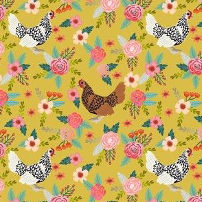 sebright chicken floral fabric - floral fabric, chicken fabric, chicken breeds, chicken breed fabric, silver laced sebright, gold laced sebright chicken -yellow